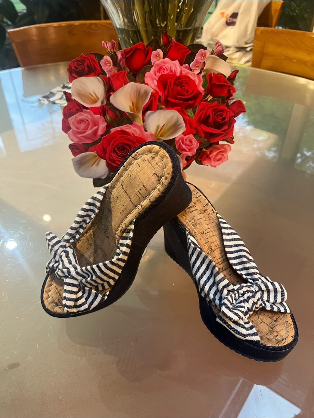 Juicy Couture Navy & White Striped Knot Espadrille Wedges